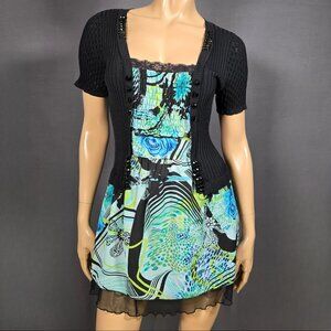 Y2K Twofer Mini Dress Size S Black Blue Floral beaded Knit Chiffon Lace Fairy
